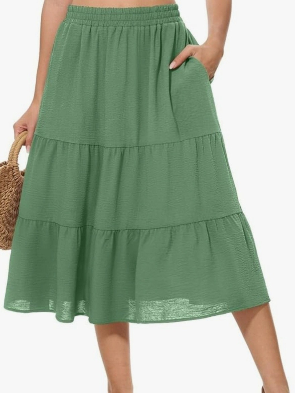 Army Green Flowy Ruffle Boho Tiered A- Line Midi Skirt W/Elastic Waist & Pockets